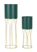 Porta Vasi Grent Stand Set 2 Pz Ø23x70 cm - Ø19x50 cm in Ferro Verde e Oro      