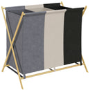 Cesto Portabiancheria Pieghevole 75x48x67 cm a 3 Scomparti in Bambù e Tessuto Effetto Lino Multicolore 