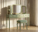 Toeletta Camille con Specchio e Sgabello Verde 120x37x79 cm in Legno di Pino Specchio e Poliestere      