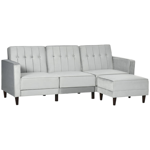 Divano Letto 3 Posti 218x85x86 cm con Poggiapiedi e Schienale Reclinabile in Tessuto Effetto Velluto Grigio Chiaro acquista