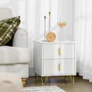 Comodino con 2 Cassetti 40x40x47 cm in Legno con Maniglie e Gambe in Metallo Bianco e Oro      