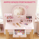 Set Toeletta Trucco per Bambina 55x34x82 cm con Sgabello Specchio e Cassetto in Legno Rosa      