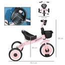 Triciclo per Bambini 70,5x50x58 cm con Seduta Regolabile e Campanello Rosa  