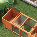 Conigliera in Legno con 2 Casette 140x52x46cm Recinto Centrale e Tetto Apribile Arancione