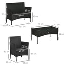 Set Salotto da Giardino Divano 2 Poltrone e Tavolino in Rattan PE Nero