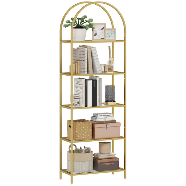 prezzo Scaffale Libreria Portaoggetti ad Arco 60x30x175 cm a 5 Ripiani in Acciaio e Vetro Temperato Oro