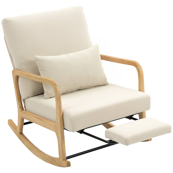 Sedia a Dondolo 70x89x97,5 cm con Poggiapiedi Schienale Reclinabile in Stile Scandinavo in Velluto a Coste Crema sconto