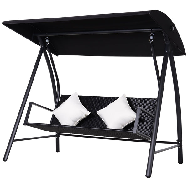 sconto Dondolo da Giardino 3 Posti in Ferro e Rattan Sintetico con Cuscini e Tettuccio Parasole Nero