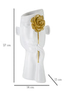 Vaso Face con Fiore 14x13x27 cm in Poliestere Bianco e Oro      