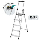 Scala Domestica 5 Gradini Scaletto Antiscivolo con Porta Utensili in Alluminio Argento      