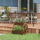 Fioriera da Esterno a 2 Livelli con 3 Vasi e Ruote di Carro Stile Country 64x54x60 cm in Legno Carbonizzato
