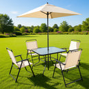 Set 6 Pezzi da Pranzo per Giardino Patio con Ombrellone 4 Sedie Pieghevoli e Tavolo 85x85x70 cm Beige      