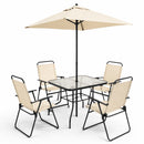 Set 6 Pezzi da Pranzo per Giardino Patio con Ombrellone 4 Sedie Pieghevoli e Tavolo 85x85x70 cm Beige      