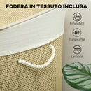 Cesto Portabiancheria 60x40x60 cm con Coperchio 3 Scomparti 144L con Sacca Removibile e Lavabile in Bambù Crema      