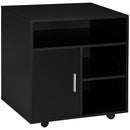 Mobile Porta Stampante 60x50x65,5 cm a Rotelle con Armadietto e 3 Ripiani Aperti in Legno Nero      