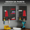 Set 3 Pannelli Porta Attrezzi da Parete 60x40x2 cm con 9 Supporti e 16 Ganci in Acciaio Nero e Rosso      