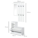 Mobile d'Ingresso Moderno Guardaroba Set Appendiabiti Specchio e Scarpiera 3 in 1 in Legno Bianco 