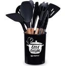 Set 12 Utensili da Cucina con Supporto in Silicone e Manico Legno Nero      