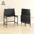 Banco da Lavoro Pieghevole Portatile 115x62x143,5 cm con Pannello Perforato Piano Spesso in Legno Struttura in Acciaio Nero      