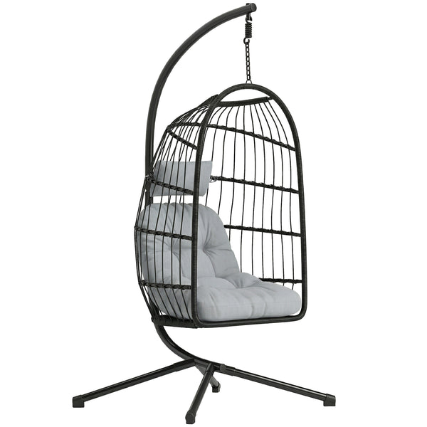 Sedia a Uovo Sospesa 105x101x196 cm con Supporto e Cinghia di Sicurezza in Metallo e Rattan PE Nero e Grigio Chiaro sconto