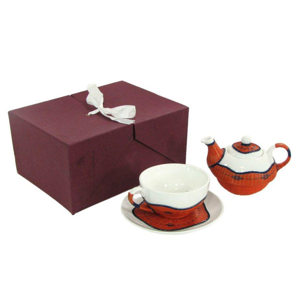 sconto Set Teiera con Tazza e Piattino in Porcellana Decoro in Bambù Arancione