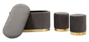 Panca con Contenitore e Sgabelli Shopy Grigia Set 3 Pz 80x37x42 cm - Ø29x35 cm in Ferro e MDF e Spugna e Poliestere Grigio e Oro      