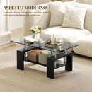 Tavolino da Caffè Moderno a 2 Livelli 90x50x42 cm con Piano in Vetro Temperato in Legno e Acciaio Nero      