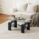 Tavolino da Caffè Moderno a 2 Livelli 90x50x42 cm con Piano in Vetro Temperato in Legno e Acciaio Nero      