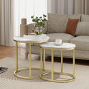 Set 2 Tavolini da Caffè Ø50x50.5 cm e 60x36x43.5 cm con Piano Effetto Marmo in Legno e Acciaio Bianco      
