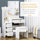 Toeletta da Trucco con Specchio Tavolocon Sgabello 4 Cassetti e 4 Ripiani in Legno e Vetro Bianco      