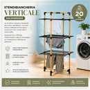 Stendibiancheria a Torre Verticale a 3 Livelli 69x69x136 cm Pieghevole con Ruote Nero e Legno      