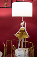Lampada da Tavolo Ballerina Ø30x90,5 cm in Resina e Ferro e Tessuto Oro e Bianco      