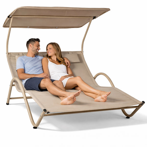 sconto Lettino Lounge 2 Posti da Esterno 200x145x135 cm Tetto Parasole Anti UV Telaio Tubolare Sabbia