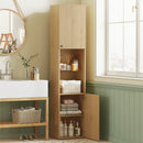 Mobile da Bagno a Colonna Slim 40x31x182H cm 6 Ripiani 2 Ante e Ripiano in Vetro Temperato in MDF Rovere      