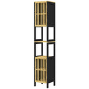 Mobiletto Bagno a Doghe con 2 Ripiani Aperti e 2 Armadietti 32x30x172 cm in MDF e Bambù Nero e Color Legno