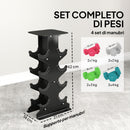Set 8 Manubri Pesi Esagonali Antiscivolo 20 kg Totali con Supporto in Metallo e Plastica Multicolore      