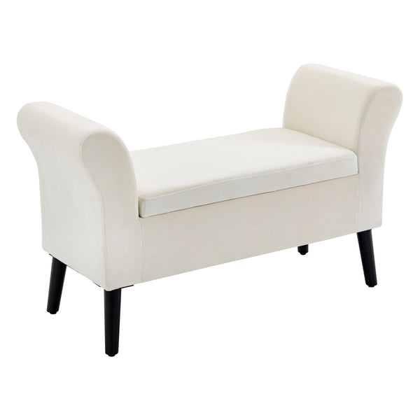 Panca Contenitore con Braccioli 111,5x41x65 cm in Tessuto Effetto Velluto e Legno Bianco Crema prezzo