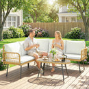 Set 4 Pezzi Salotto da Giardino con 2 Divani 2 Posti Angolari e Tavolino da Caffè in Acciaio e Rattan Legno e Crema      
