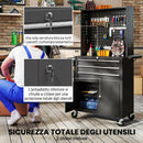 Carrello Porta Attrezzi 69x33x133 cm con Piano di Lavoro 3 Cassetti Pannelli Forati in Acciaio Nero      
