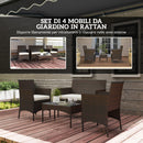 Set da Giardino 4 Pezzi con Divano 2 Sedie e Tavolino Basso con Piano in Vetro in Rattan Beige e Marrone    