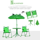 Set Tavolino e 2 Sedie Pieghevoli da Giardino per Bambini con Ombrello Verde Rana