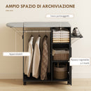 Mobile Asse da Stiro 127x42.5x99 cm con Piano d'Appoggio Effetto Lino 3 Ripiani a Cubo e Guida Nero      