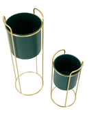 Porta Vasi Grent Slim Set 2 Pz Ø24x70 cm - Ø19,5x45 cm in Ferro Verde e Oro      