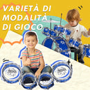 Batteria Musicale Giocattolo per Bambini Grancassa 5 Tamburi e Piatti con Bacchette e Sgabello Blu  
