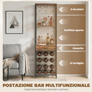 Mobile Bar Portabottiglie 40x30x148 cm Capacità 12 Bottiglie con Cassetto e Portabicchieri Struttura in Metallo Marrone Rustico      