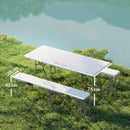 Set da Pic Nic Pieghevole a 3 Pezzi con Tavolo e 2 Panche in HDPE e Metallo Bianco e Grigio Chiaro     