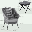 Poltrona Moderna 80x78x100 cm con 2 Tasche Laterali e Poggiapiedi  in Tessuto Effetto Lino Grigio 