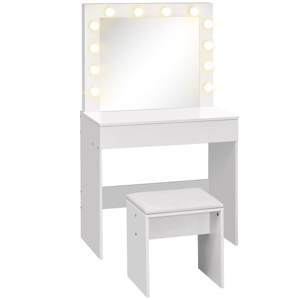 sconto Consolle Trucco con Specchio 80x40x140 cm con Sgabello in Legno Bianca