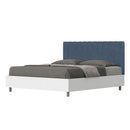 Letto Matrimoniale con Rete e Contenitore Alzata Comoda Struttura Bianco Frassico e Testata in Microfibra Kaia Blu Varie Misure