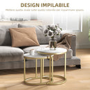 Set 2 Tavolini da Caffè Ø50x50.5 cm e 60x36x43.5 cm con Piano Effetto Marmo in Legno e Acciaio Bianco      